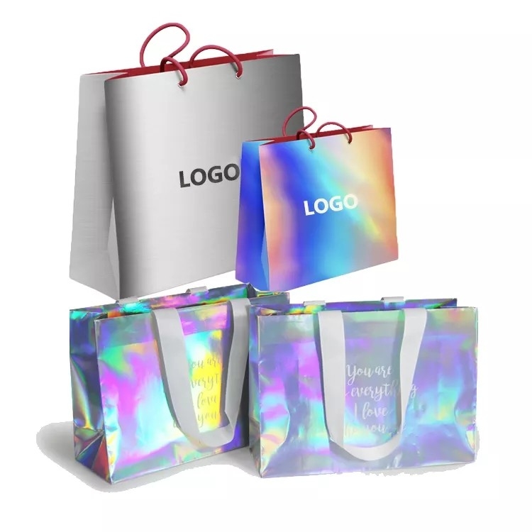 Borse da trasporto per abbigliamento in lamina argento glitterato Colore Cmyk olografico